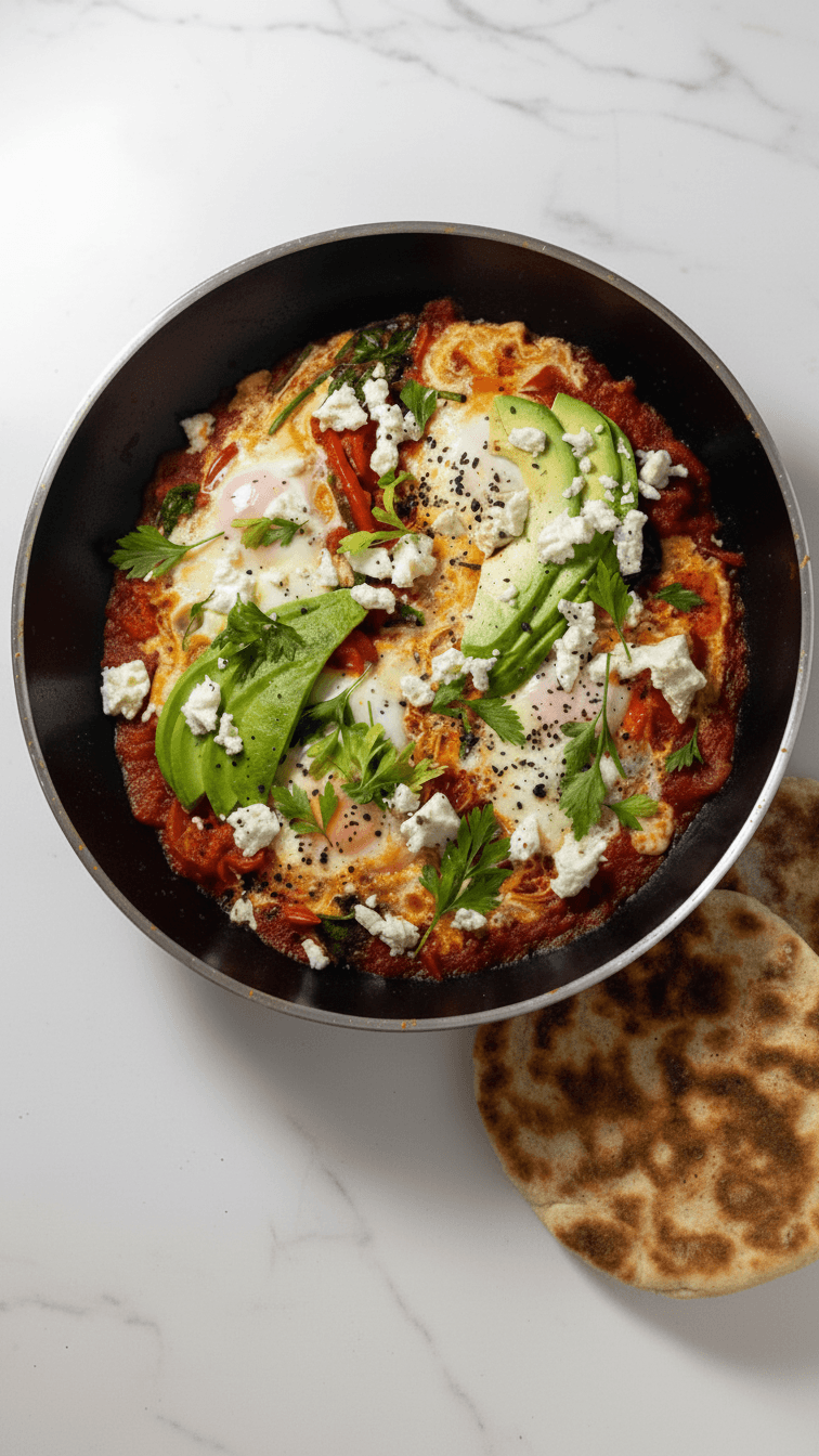 Shakshuka with avocado and feta